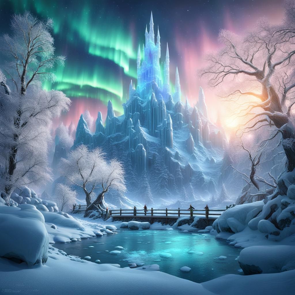 Eternal Winter Realm with Ice Fairies and Aurora