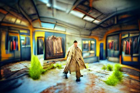 Art Deco Man Emerges from Train: Detailed Painting