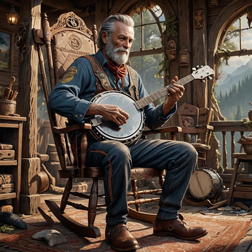 Left-Handed Banjo Player in Detailed Matte Painting