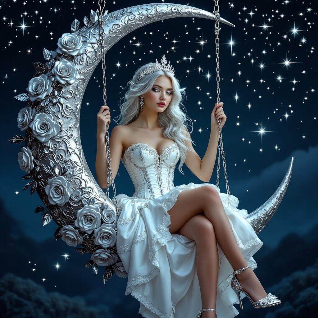 Woman on Silver Moon Swing in Starry Sky