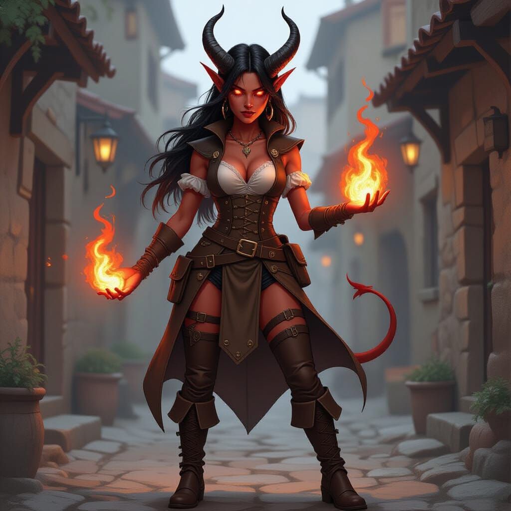 Tiefling Sorceress Casting Fire Spell in Medieval Street