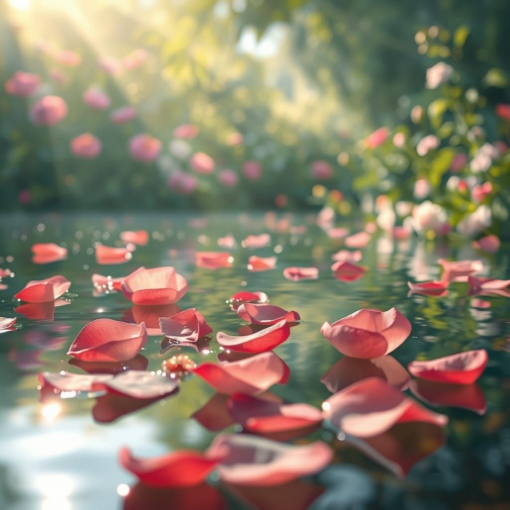 Ethereal Rose Petal Dance on a Serene Lake