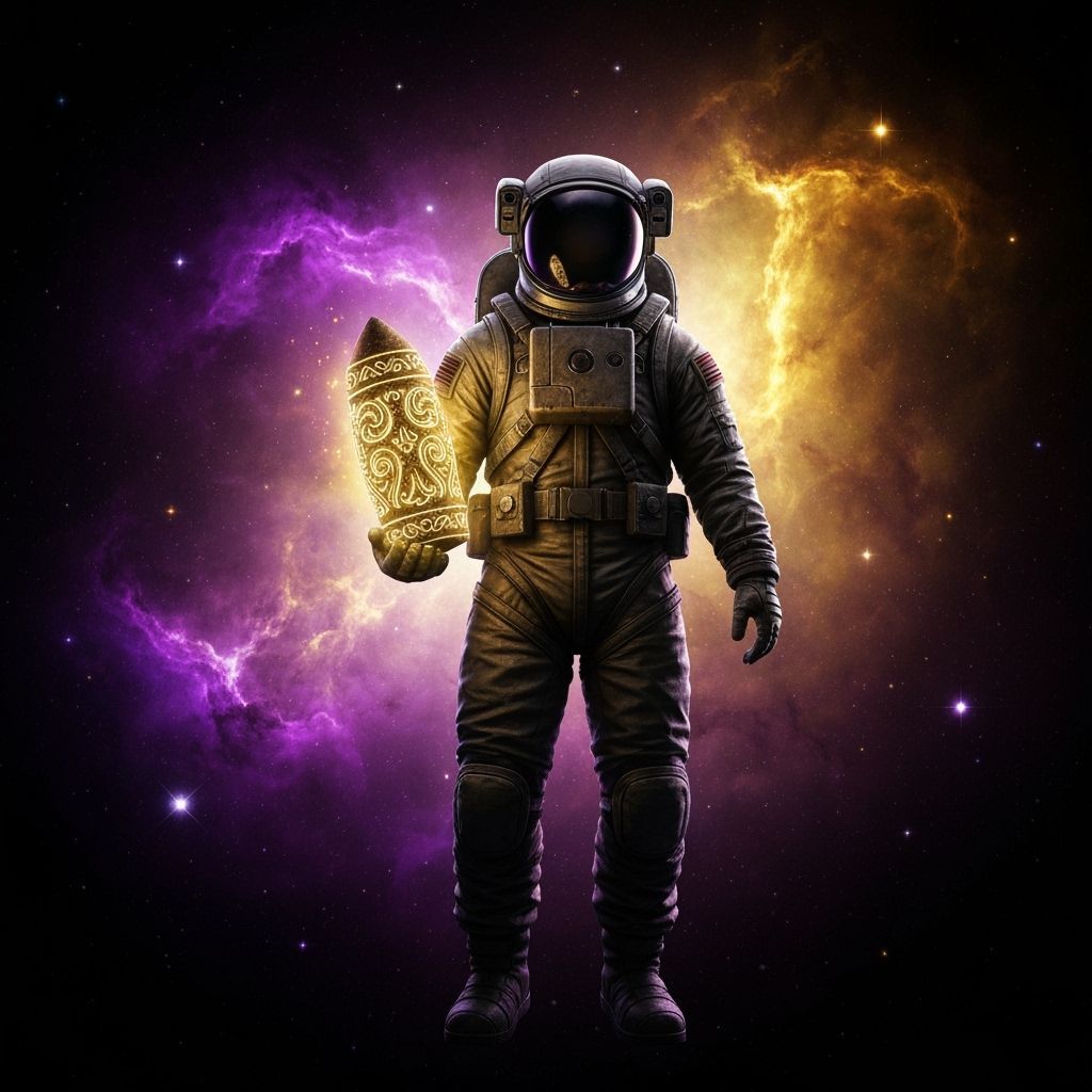 Astronaut Adrift With Glowing Artifact in Cosmic Void