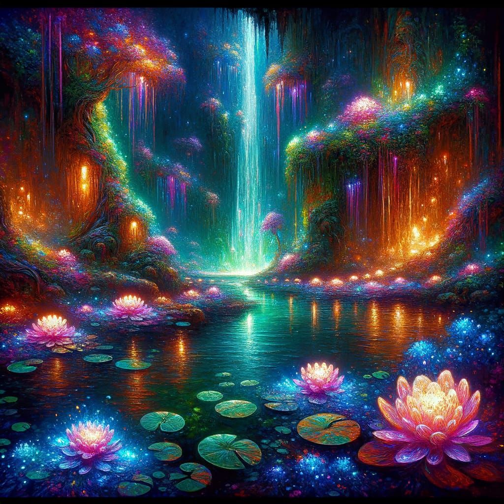 Bioluminescent Lily Pond in Hidden Grotto as Impasto Waterco...
