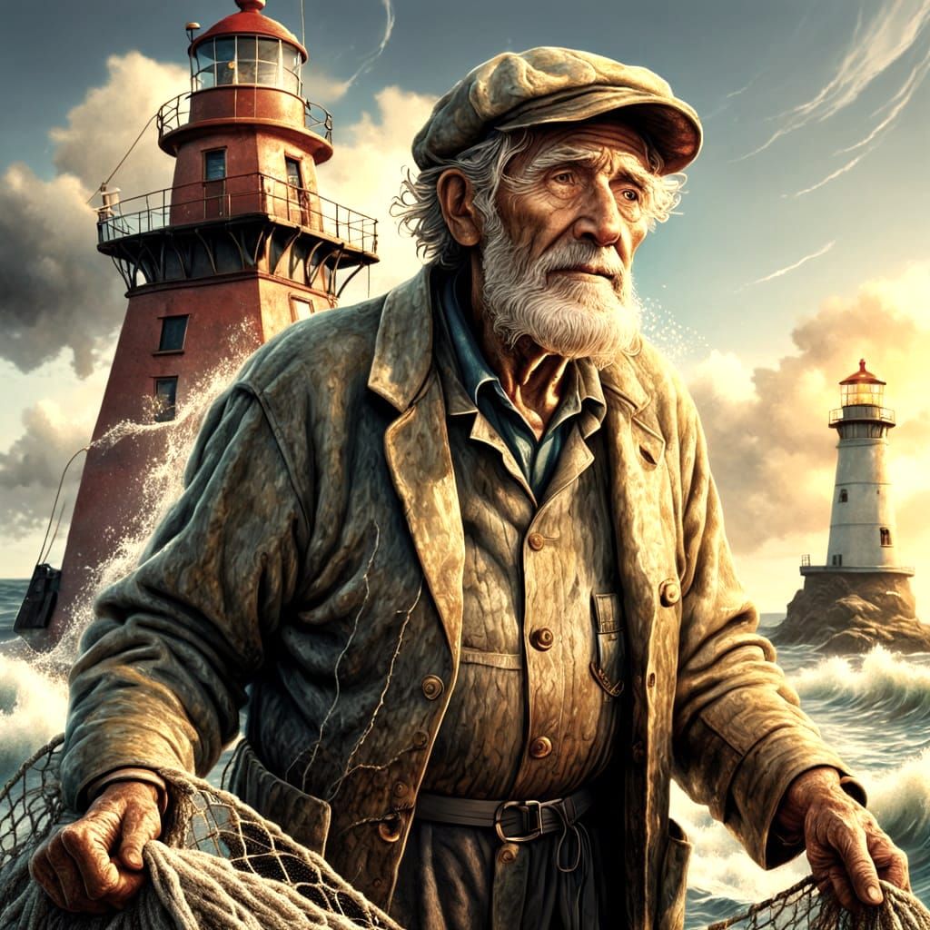 Hyperrealistic Fisherman by Lighthouse at Sunset