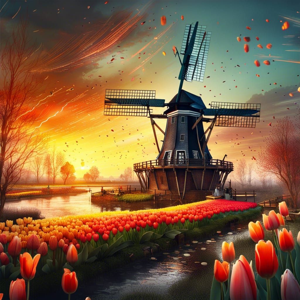 Dutch Windmill Sunset with Tulips in Hyperreal Detail