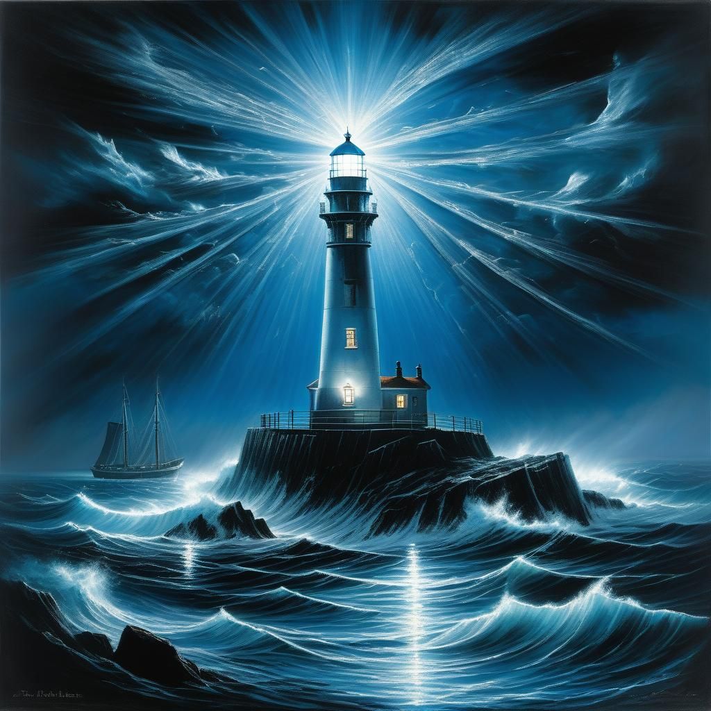 Lighthouse Illuminates Dark Seascape Scene