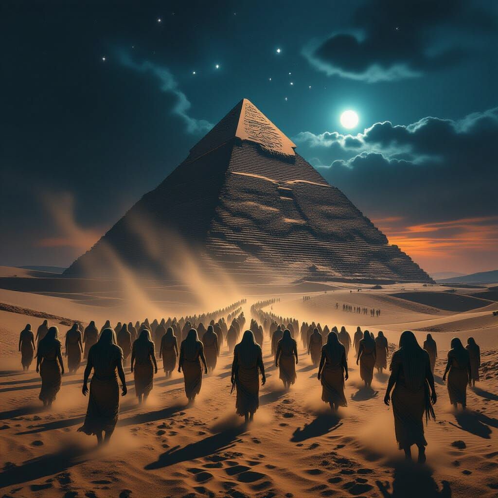 Ancient Mummies March Towards Colossal Pyramid