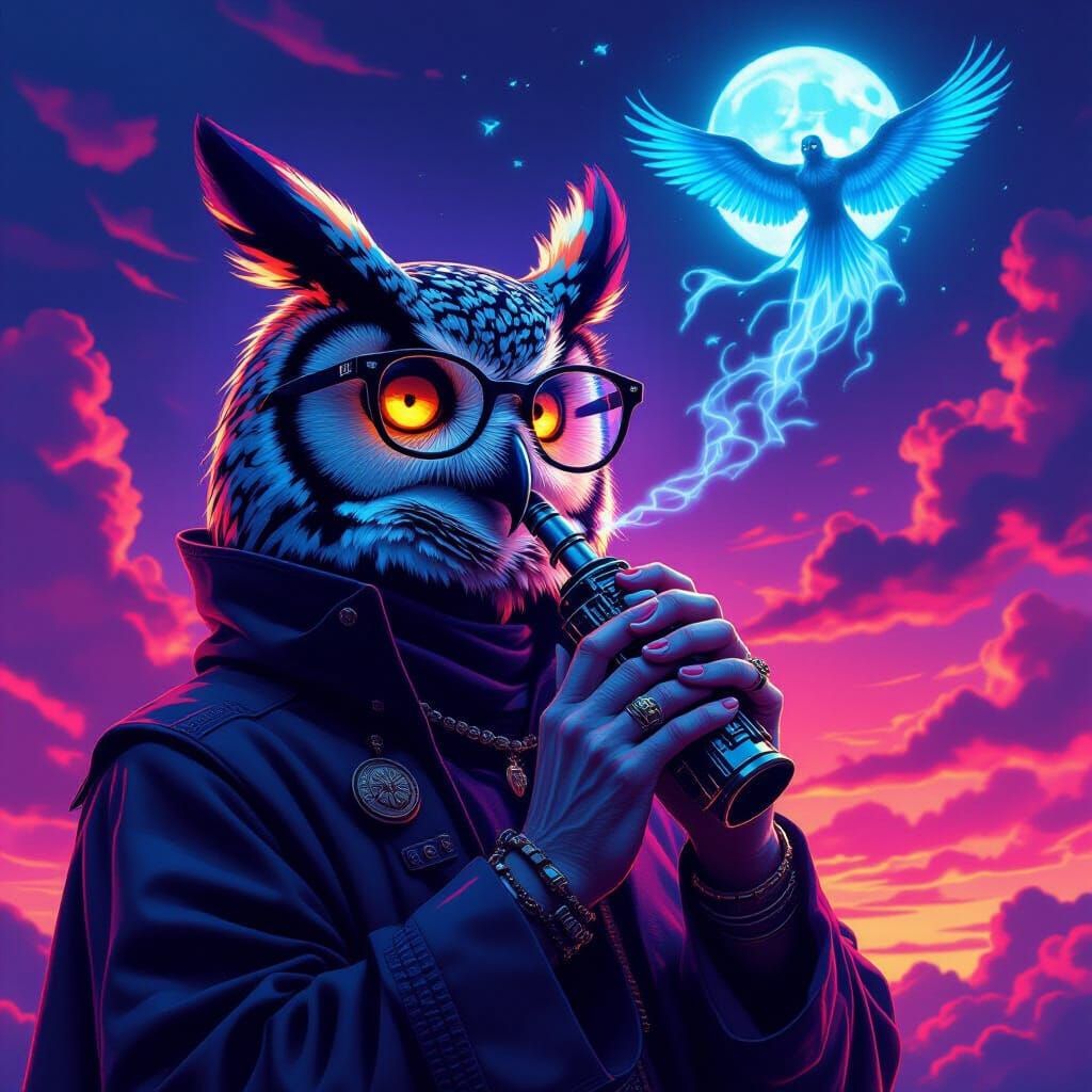 Neon Owl Necromancer Tree in Dreamlike Surrealism