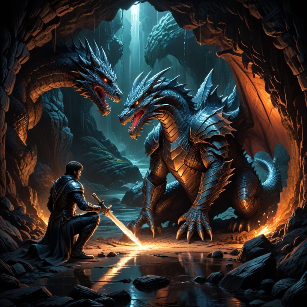 Knight Kneels Before Dragon in Cave Comic Art