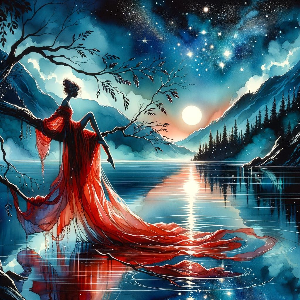 Starlit Lake Fantasy Art with Woman in Red