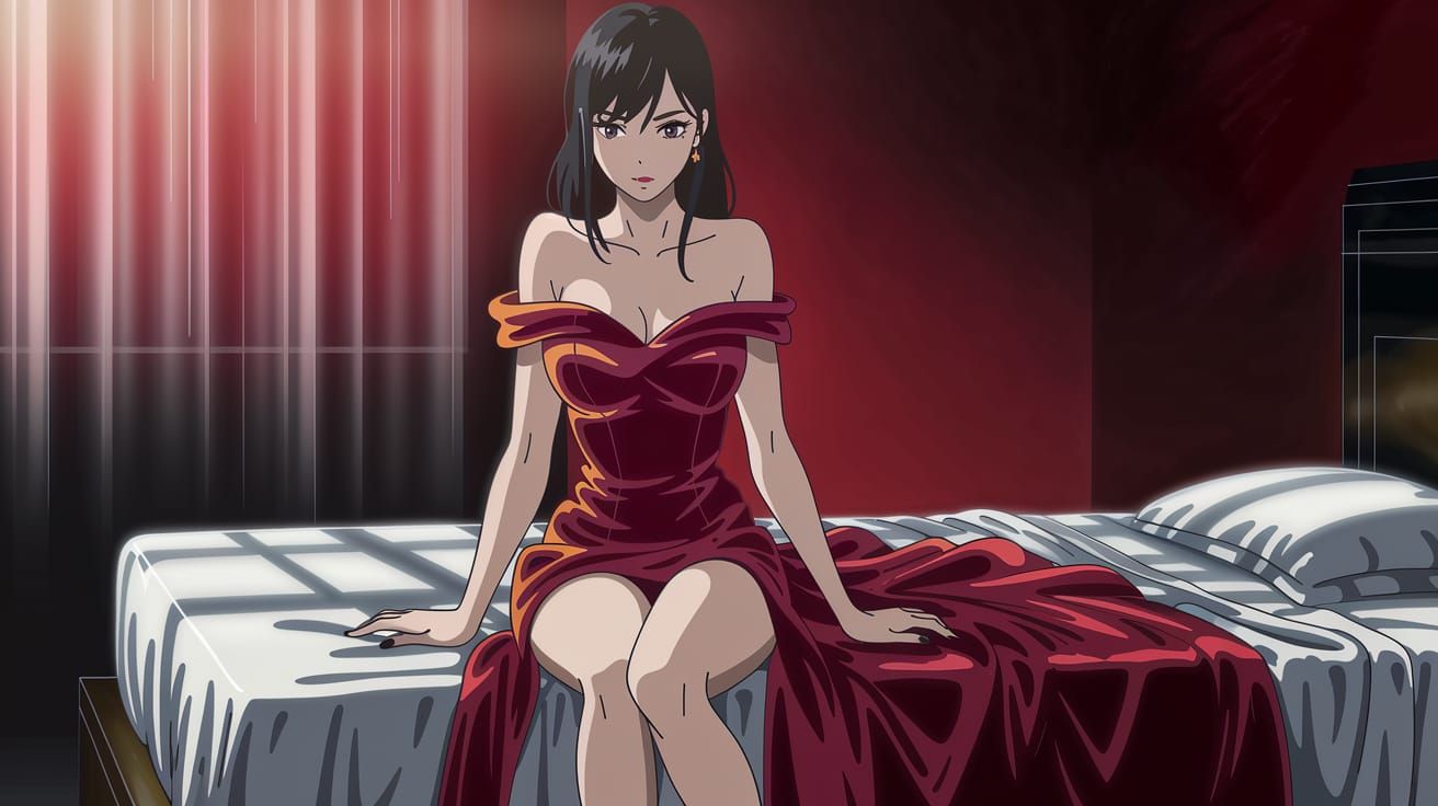 Elegant Woman in Red Dress, Retro Anime Style