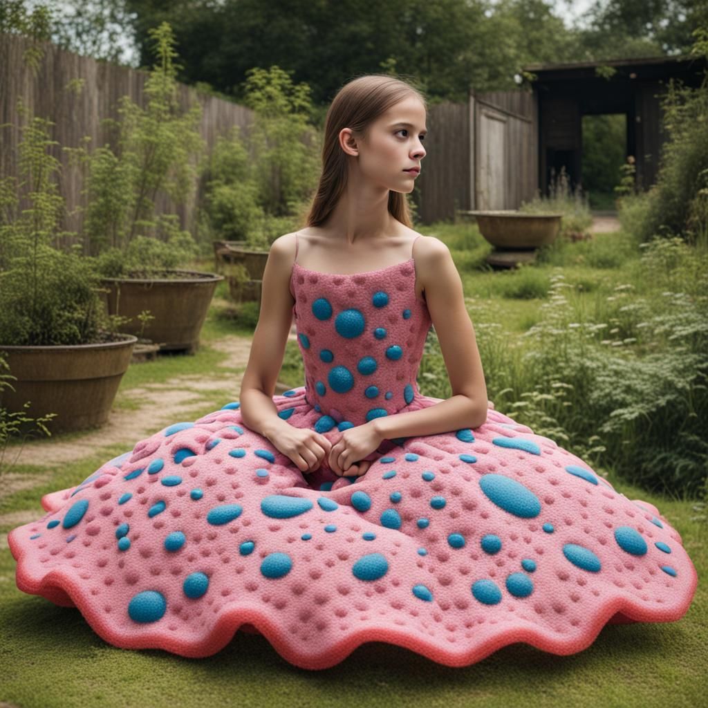 Girl in Amoeba Dress Sitting in Garden