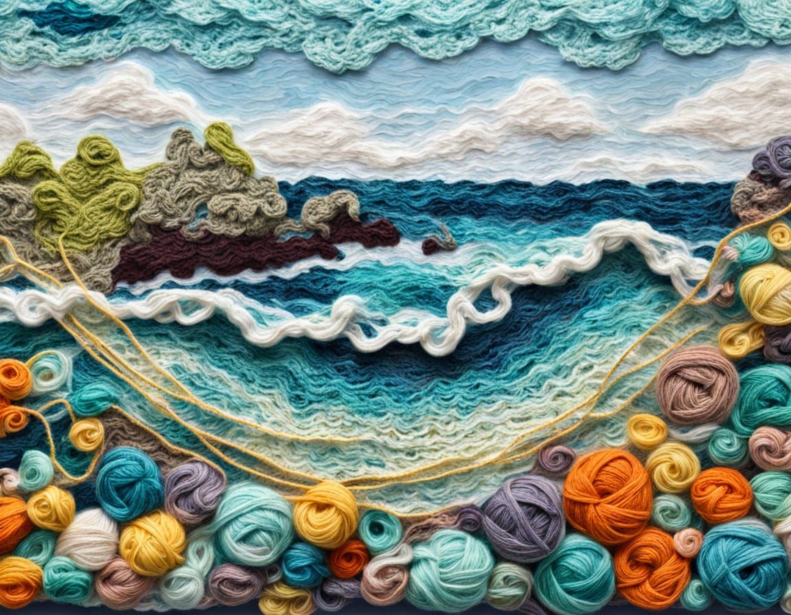 Crochet Yarn Seascape Mixed Media Art