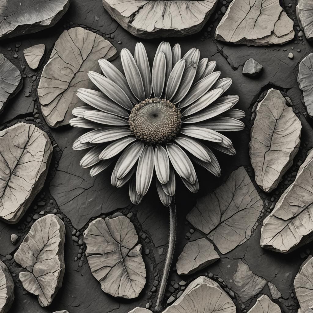 Detailed Charcoal Drawing of Daisy Fossil in Stone