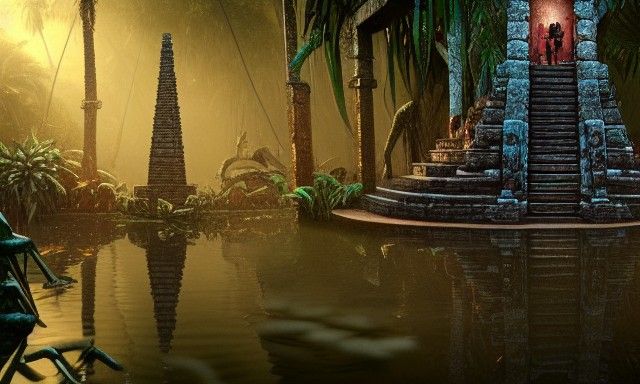 Creepy Aztec Temple in Jungle, Digital Illustration