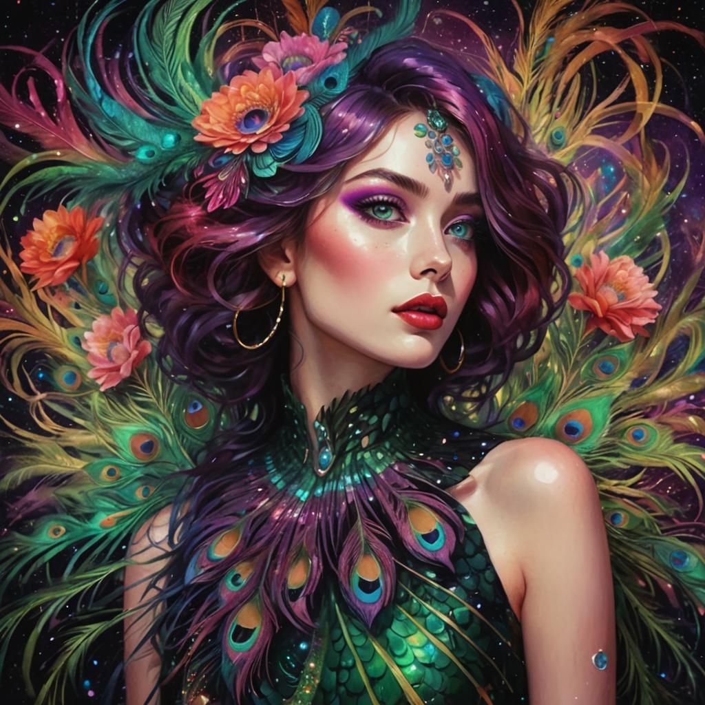 Cosmic Woman with Peacock Feathers Hair