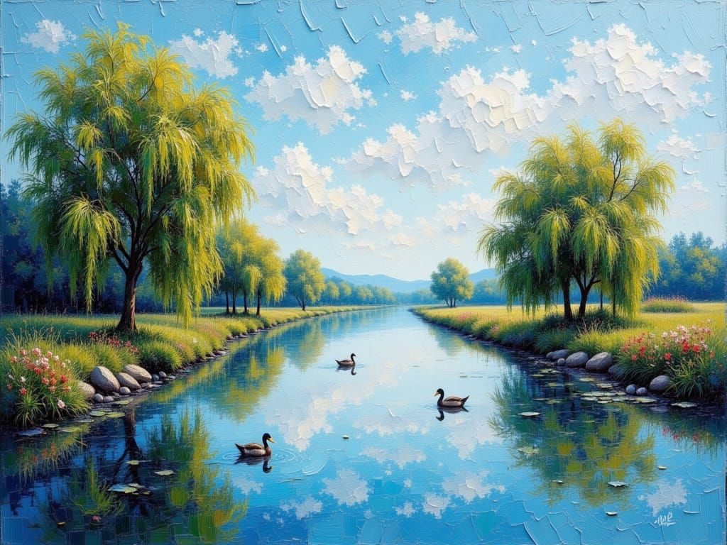 Serene River Landscape with Willow Trees and Ducks