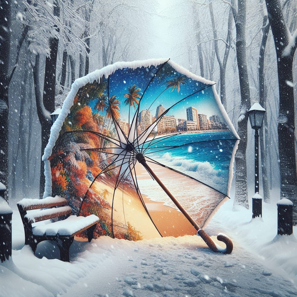 A Blizzard Winter Cityscape with a Vibrant Summer Beach Scen...