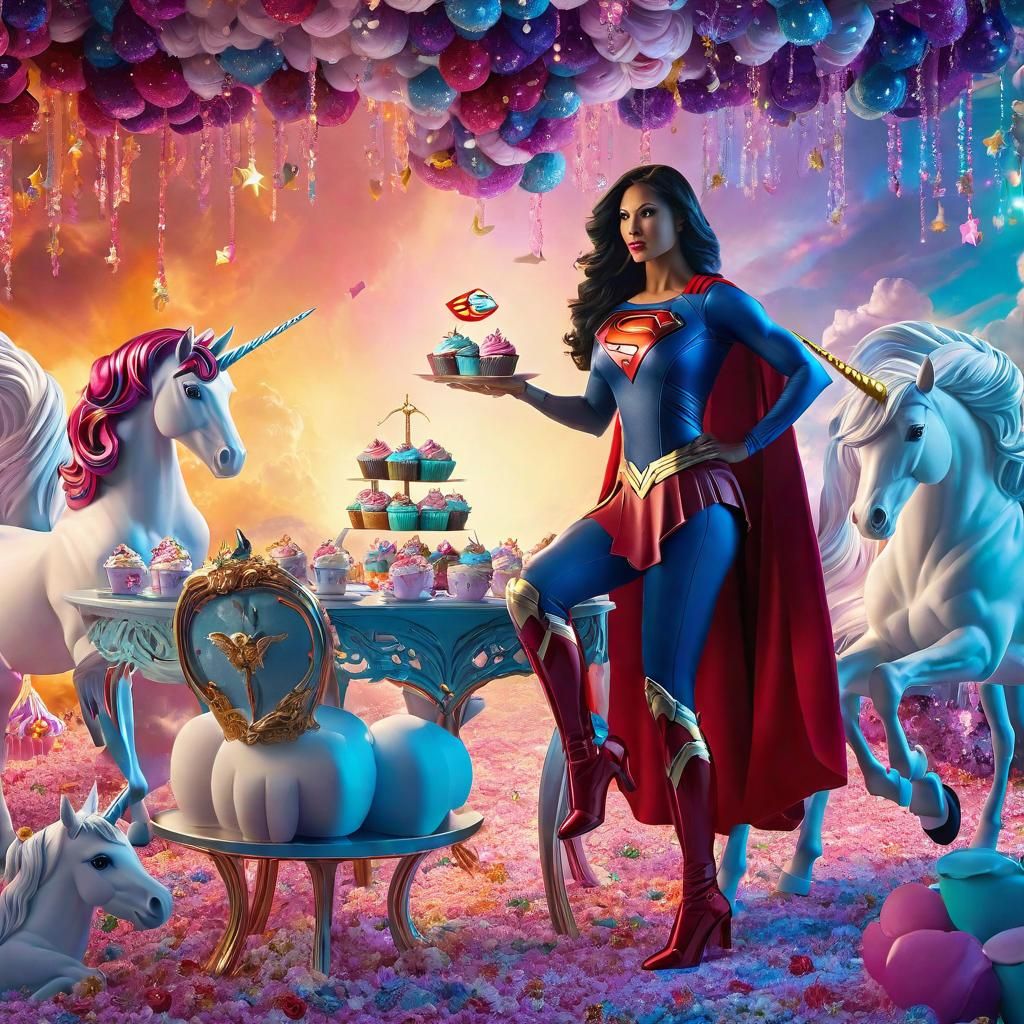 Hyperrealistic Tea Party with Superwoman and Unicorns