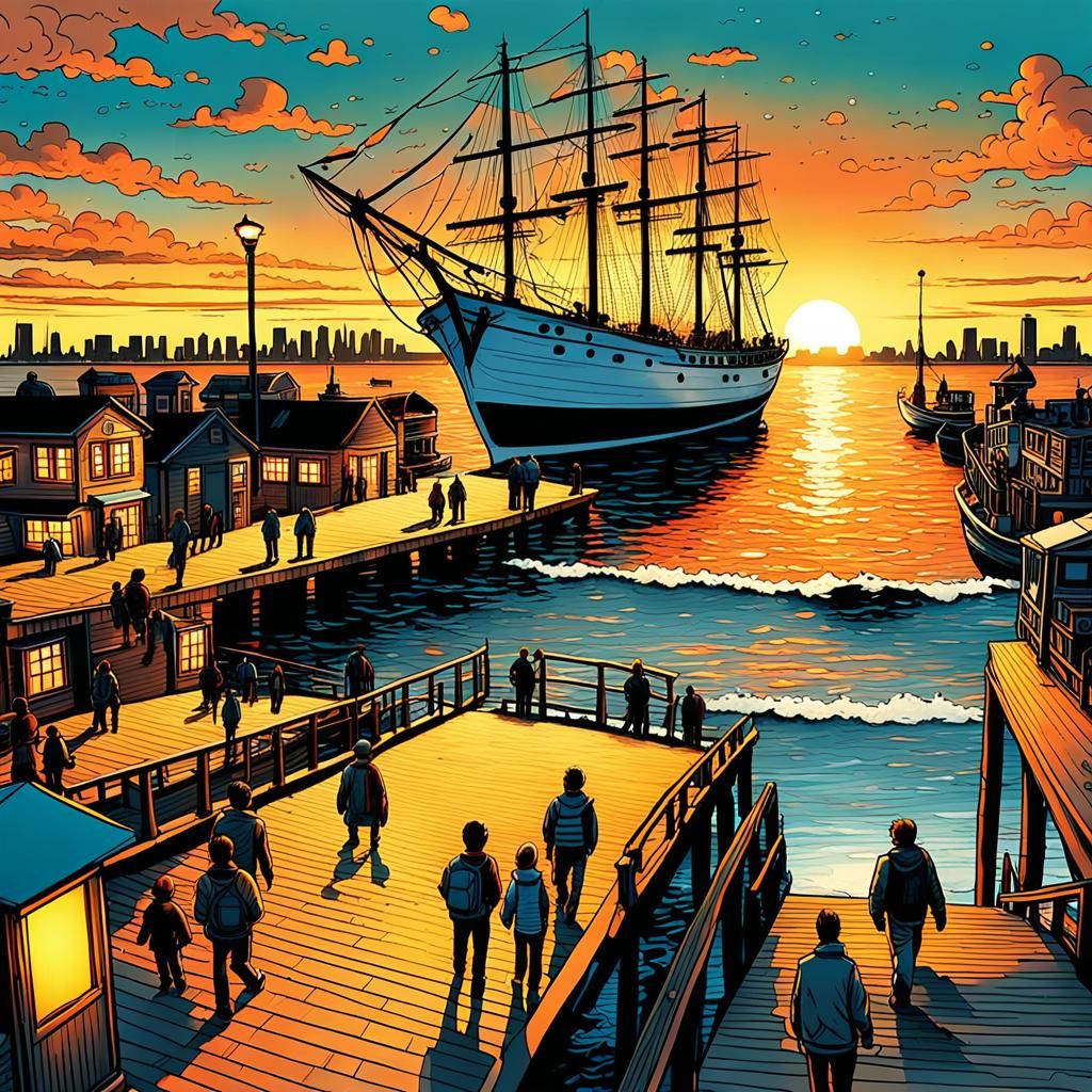 Sunset Sailing in SeaLand City: Comic Book Art