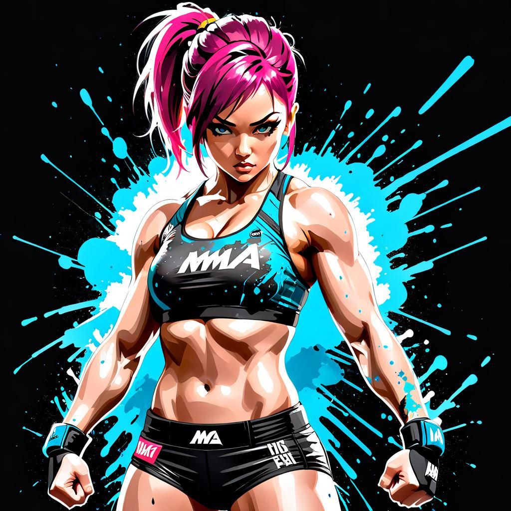 Intense Female MMA Fighter in Mixed Media Style
