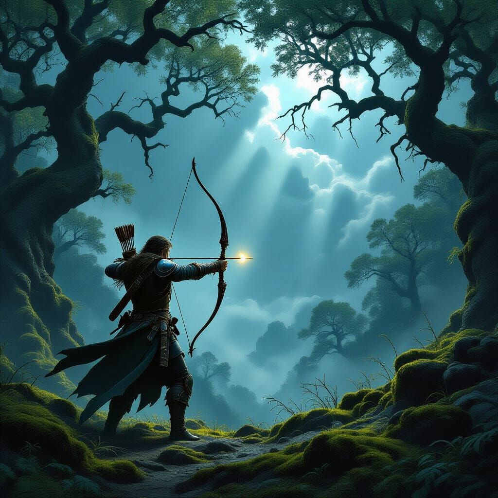 Ranger Draws Luminous Bow in Mysterious Forest