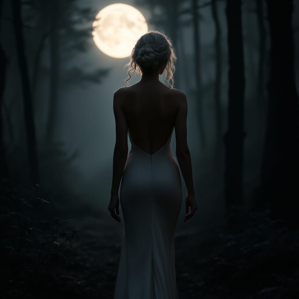 Woman in Elegant Evening Gown Walks Through Misty Forest at....