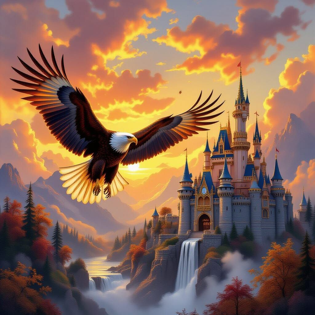 Majestic Eagle Soars Over Autumn Castle in Painterly Realism