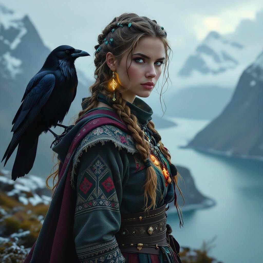 Nordic Woman with Runes and Raven on Cliffside