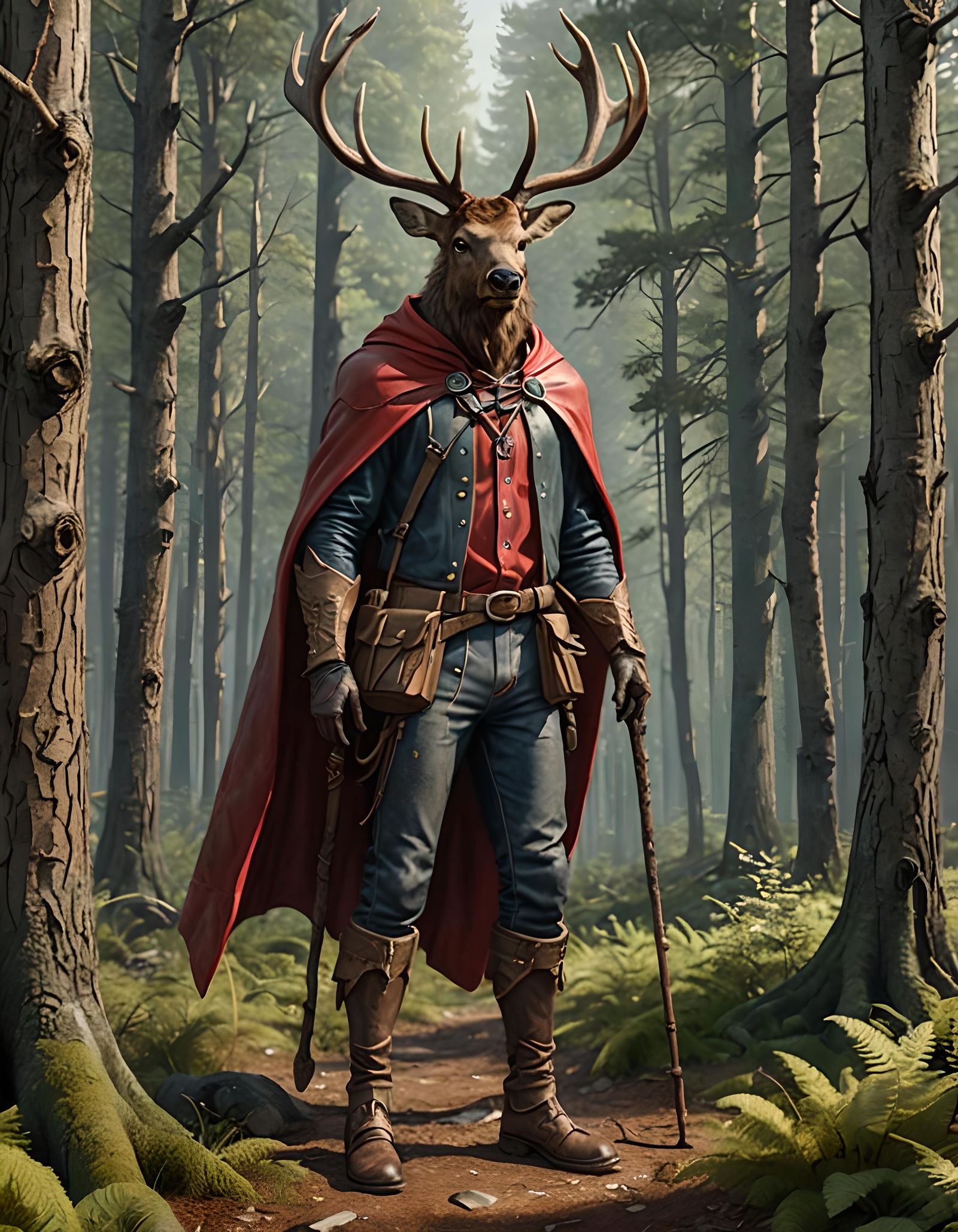 a anthropomorphic Elk male standing in a forest with his walking staff wearing leather jeans and a red cape, full shot, ...