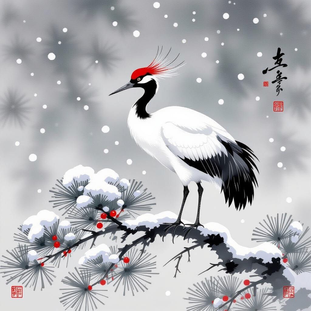 Elegant Sumi-e Crane in Winter Landscape
