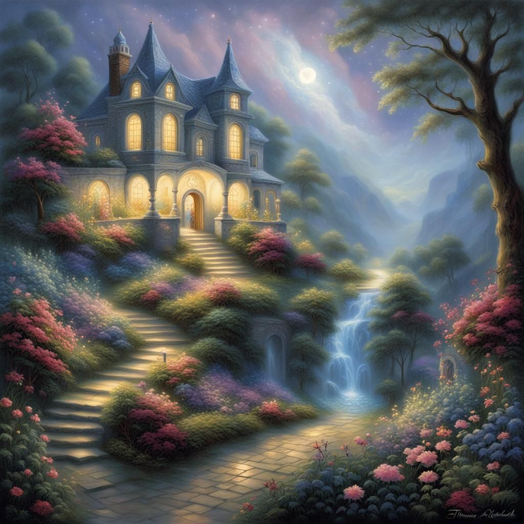 Ethereal Starlit Path Through Misty Forest