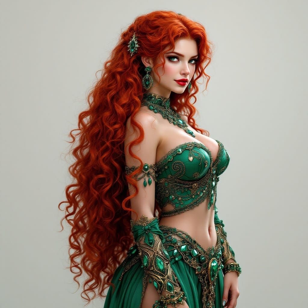 Celtic Princess in Emerald Adornments, Thick Red Hair, Full ...