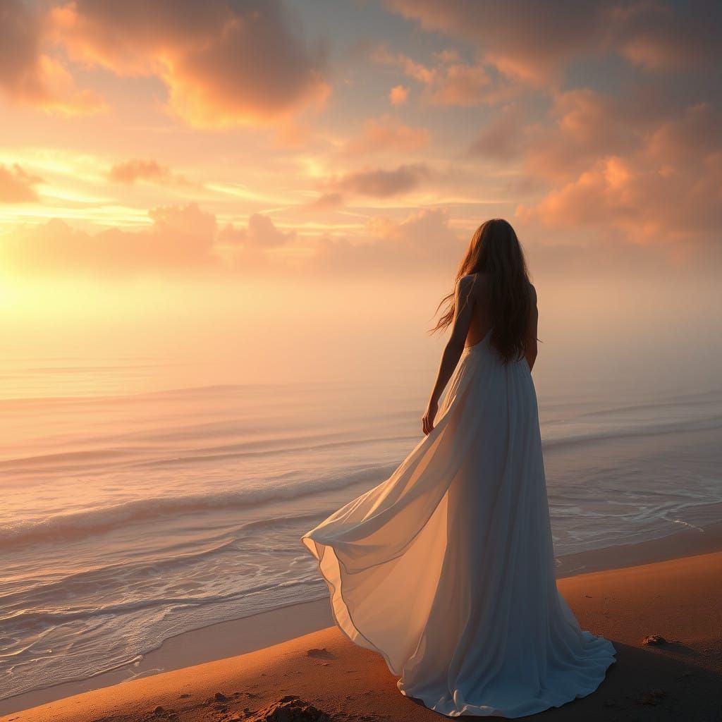 Mystical Dawn Goddess Emerges from Coastal Mist