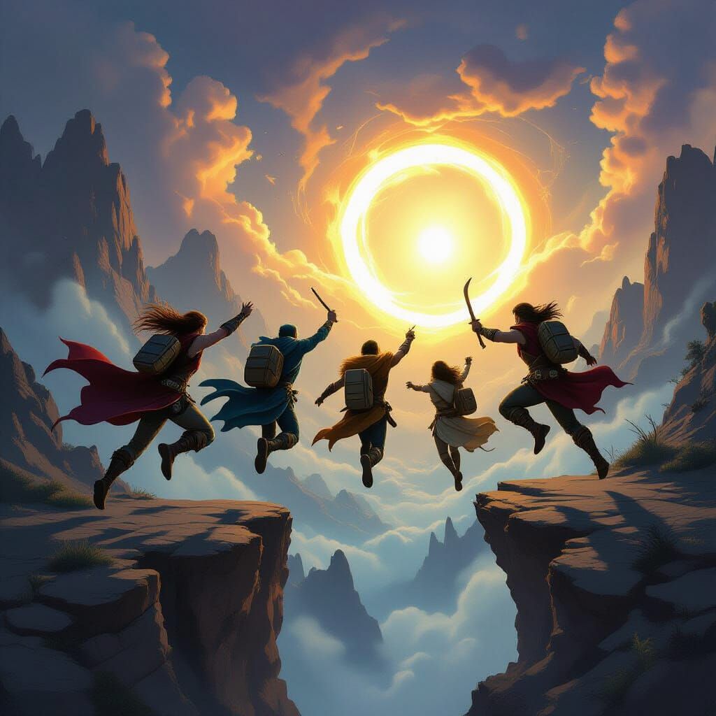 Epic Fantasy Adventurers Leap Towards Glowing Portal