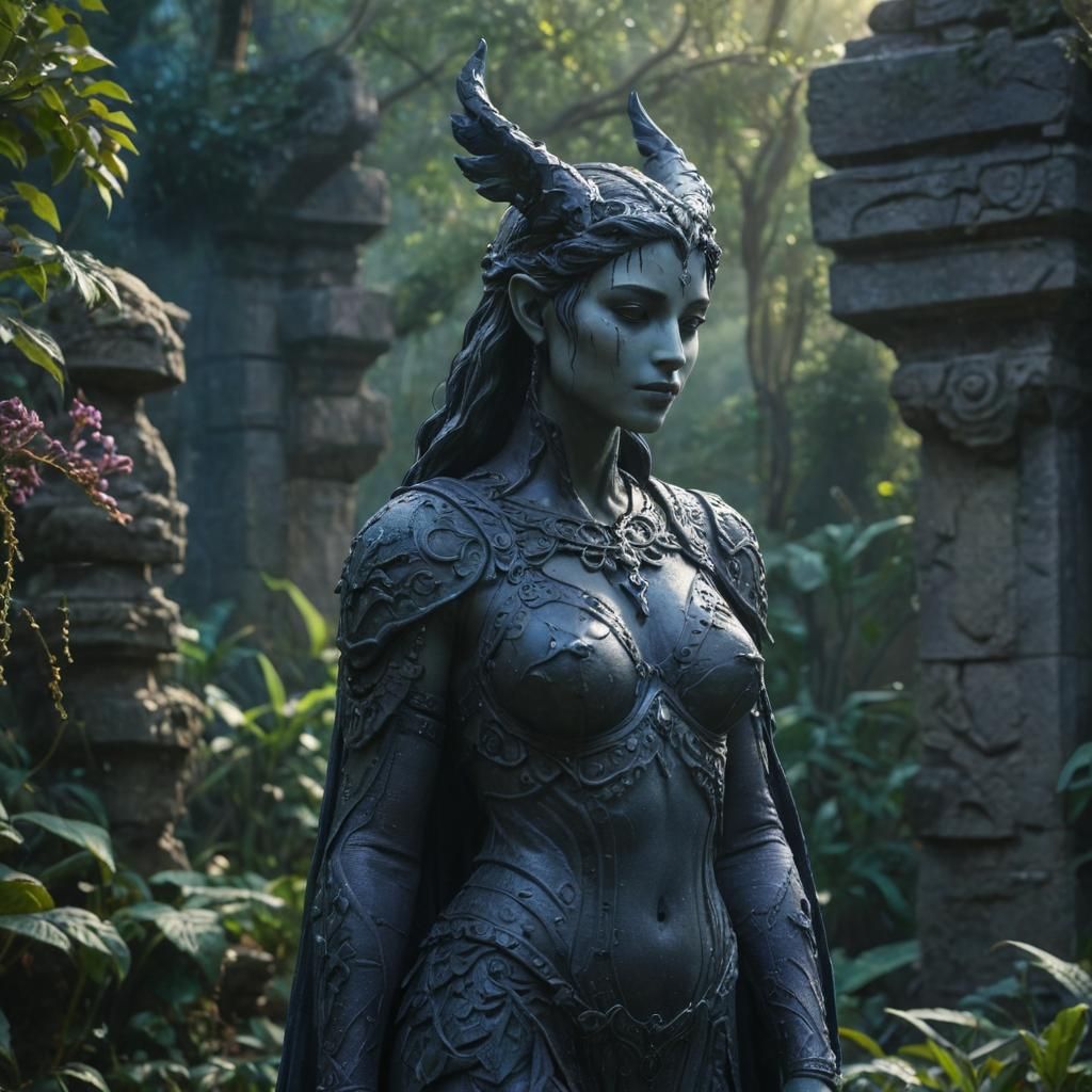 Detailed Nyx Statue in a Mysterious Garden