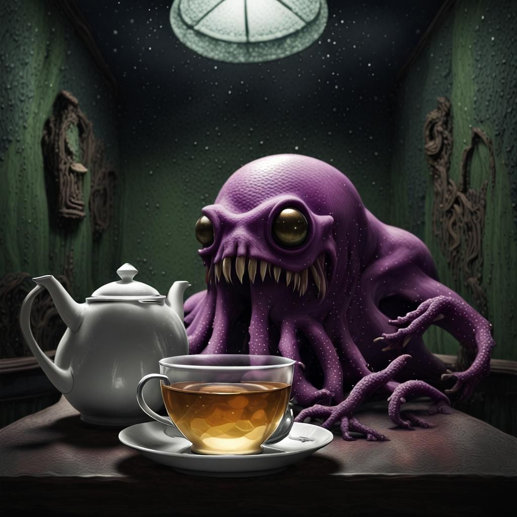 Skull-Faced Octopus God Emerges from Shadowy Room