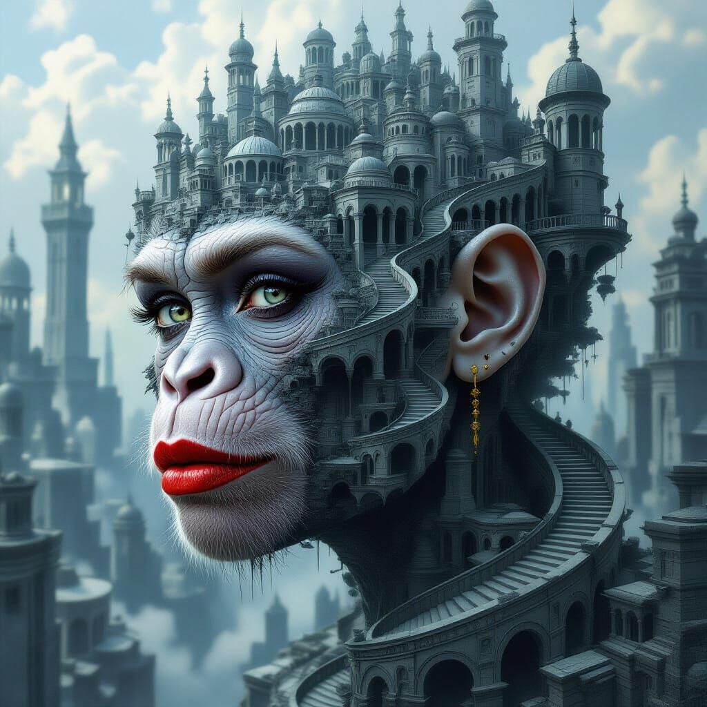 Surreal Woman Ape Fused with Labyrinth Cityscape