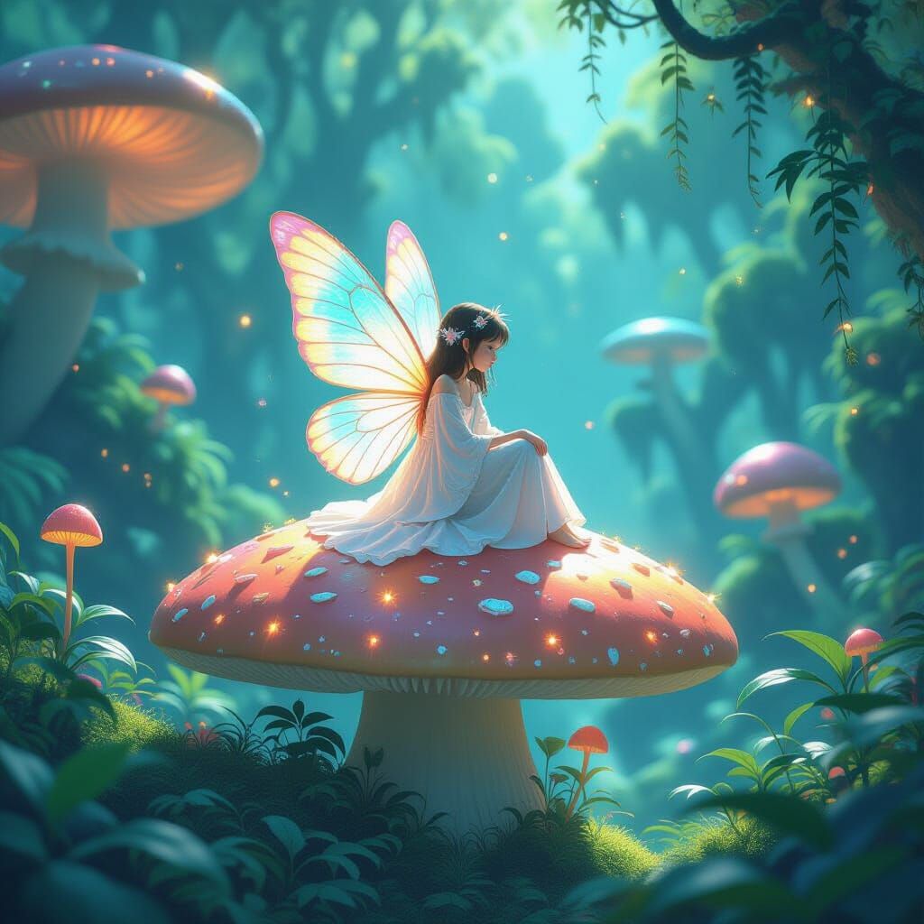 Fantasy Girl on Crystal Mushroom in Alien Jungle