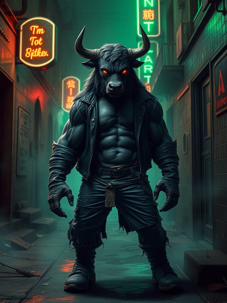 Cyberpunk Bullman in Abandoned Neon Alley