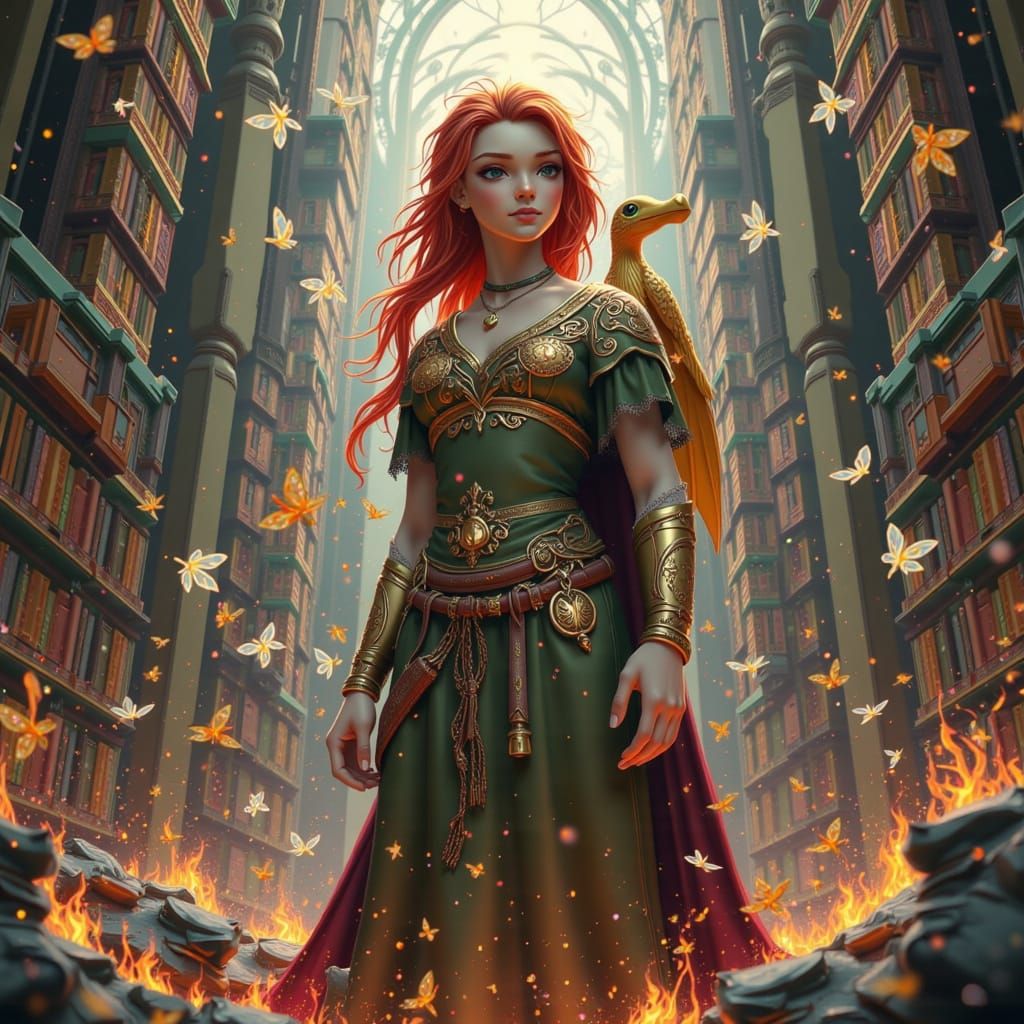 Redhead Mage Levitates Books in Magical Library