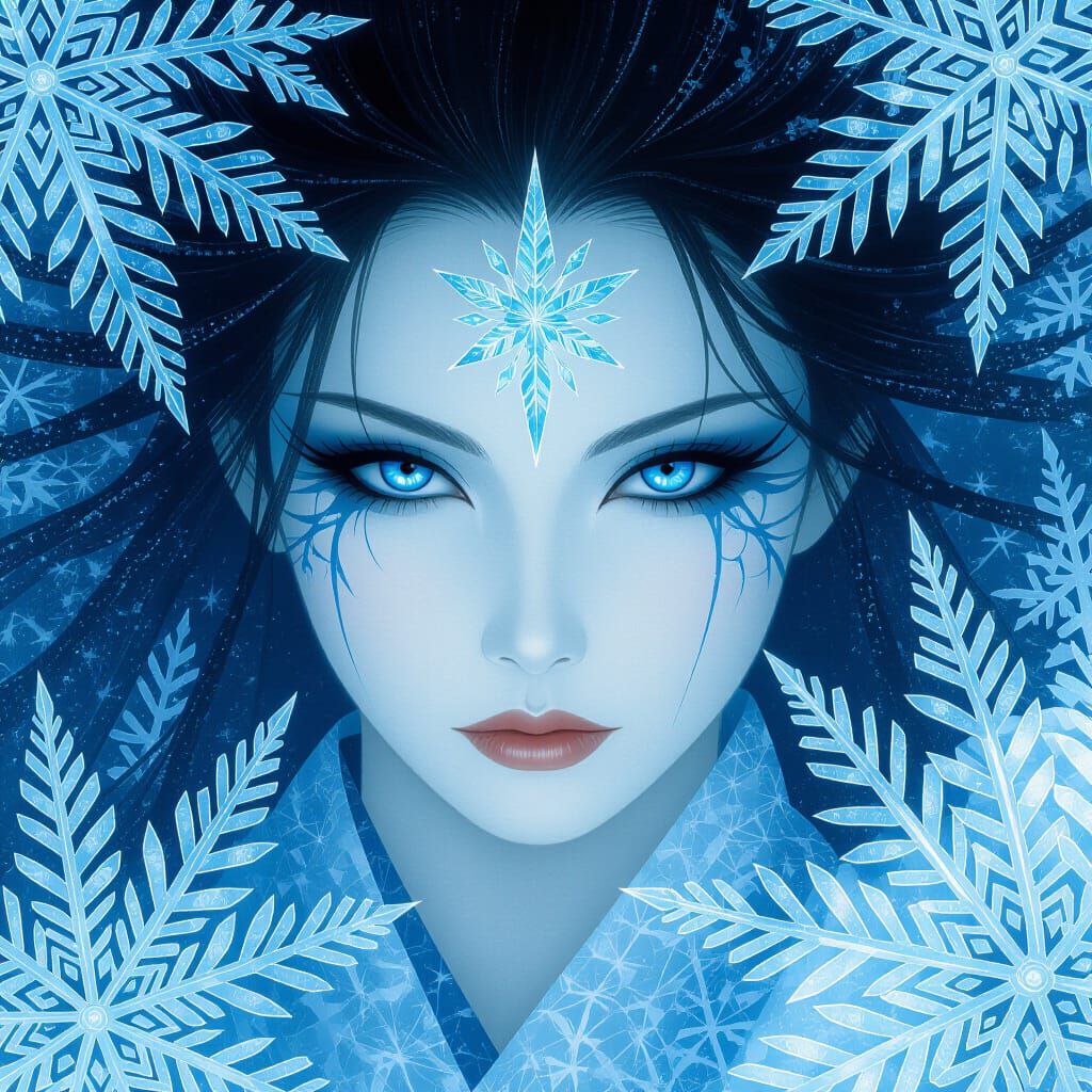 Sinister Yuki-onna in Frozen Forest Ice Crystal Style