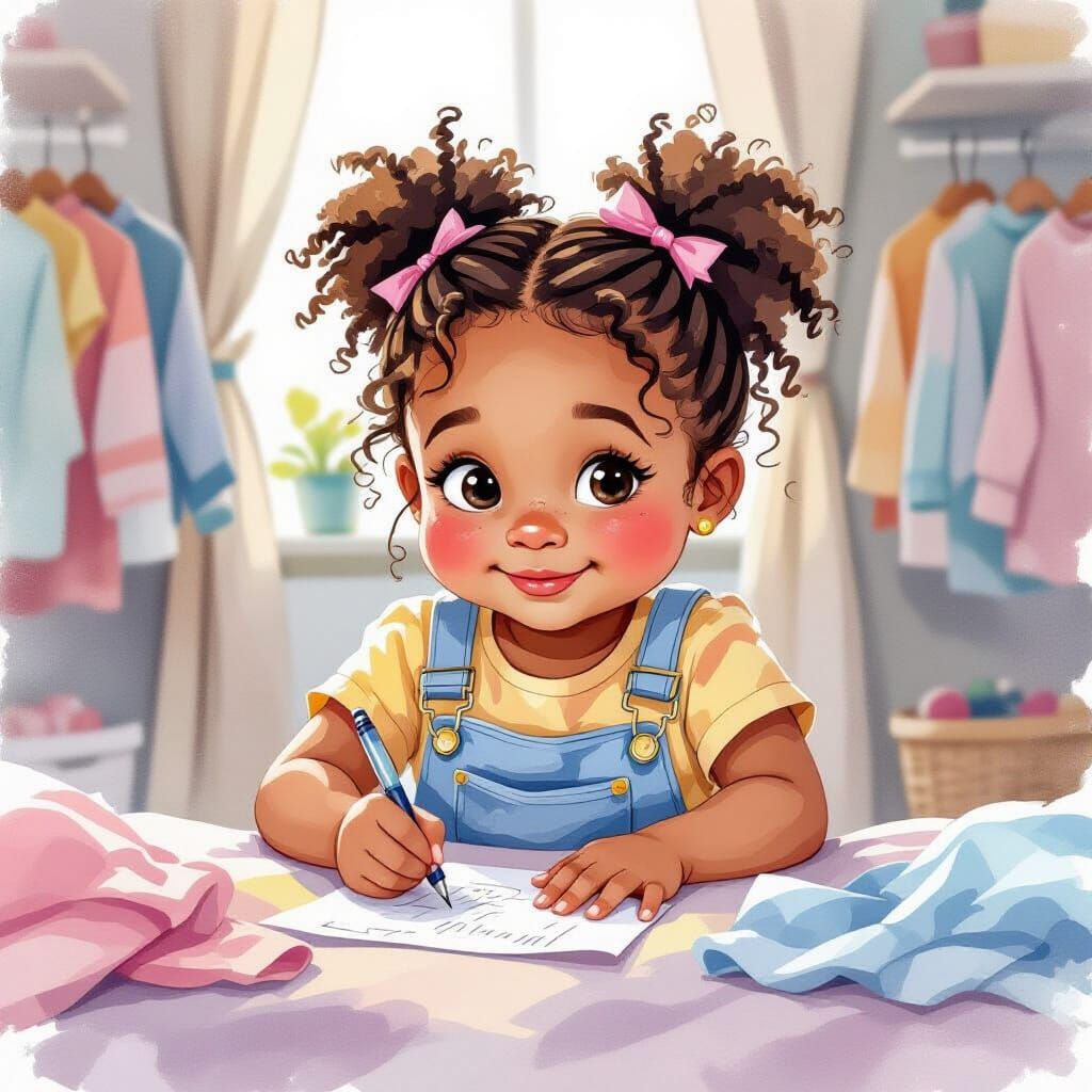 Delighted Girl Declutters Clothes, Watercolor Illustration