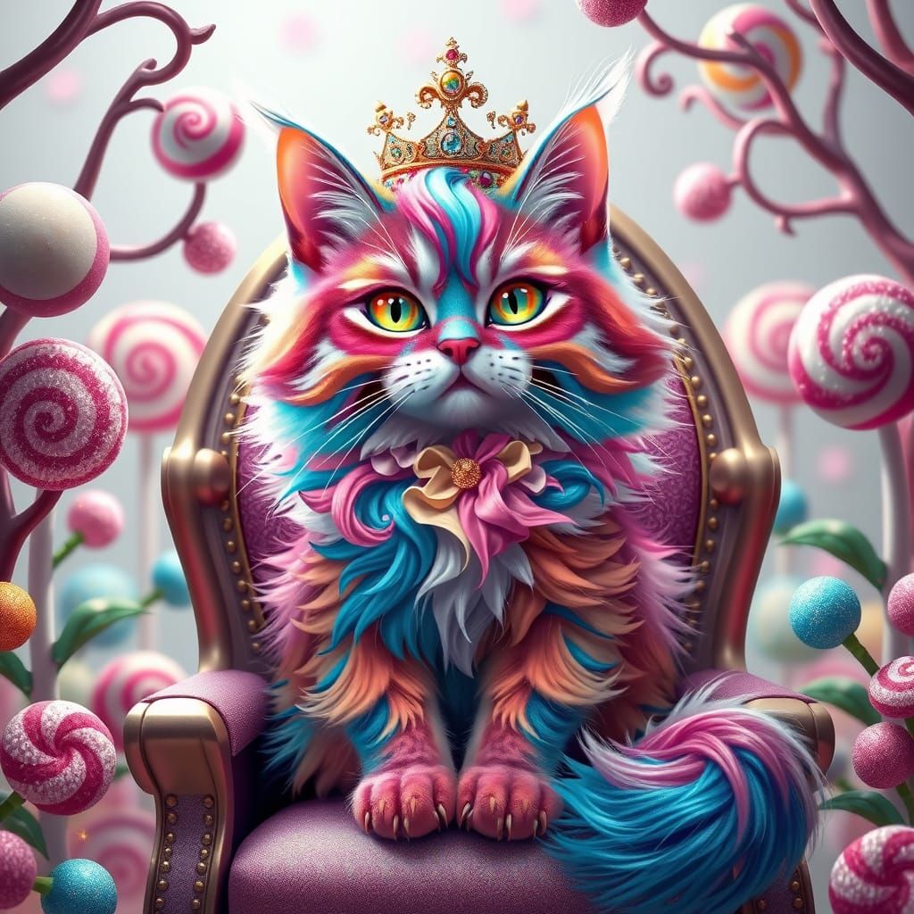 Regal Cat in Whimsical Candyland Scene