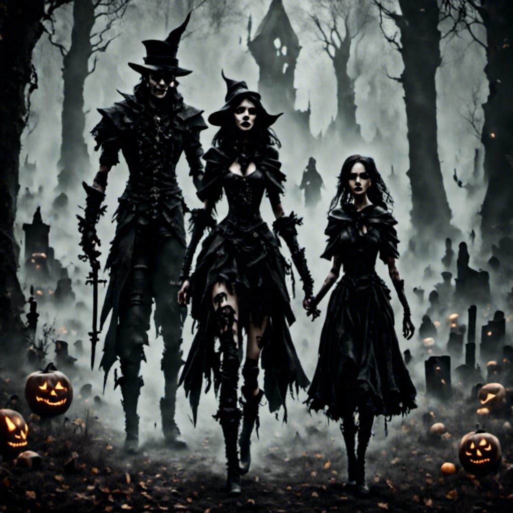 Hansel and Gretel stand in the foreground with the witch lur...