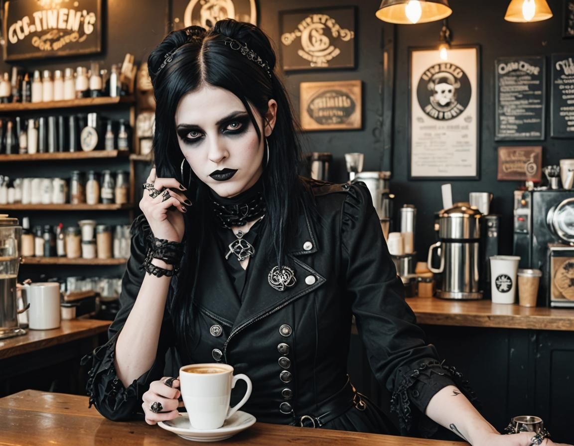 Goth Fashion Model in Coffee Shop