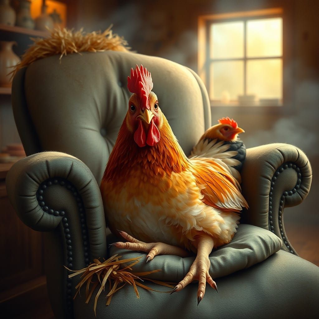 Cozy Ginger Chicken in Armchair, Whimsical Scene in Acrylic ...