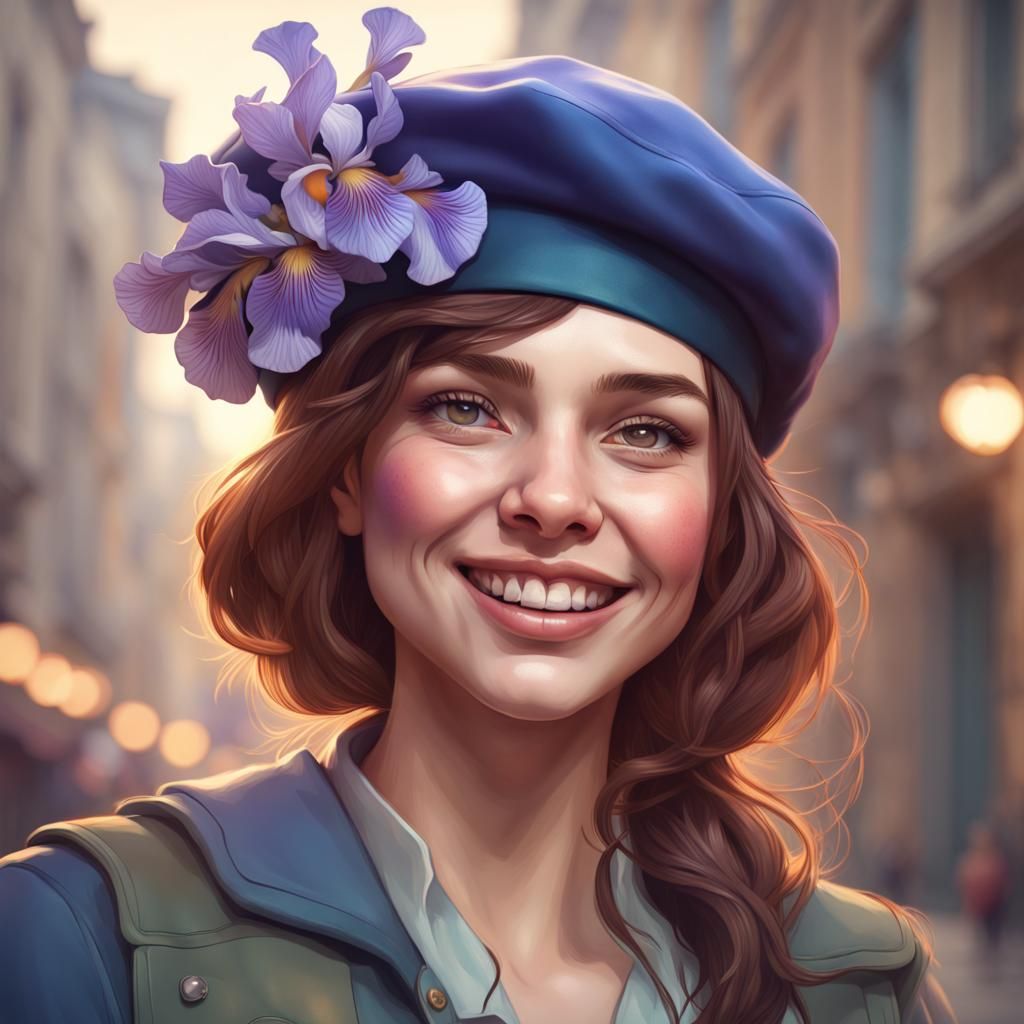 Smiling Girl with Iris Flowers, Detailed Portrait