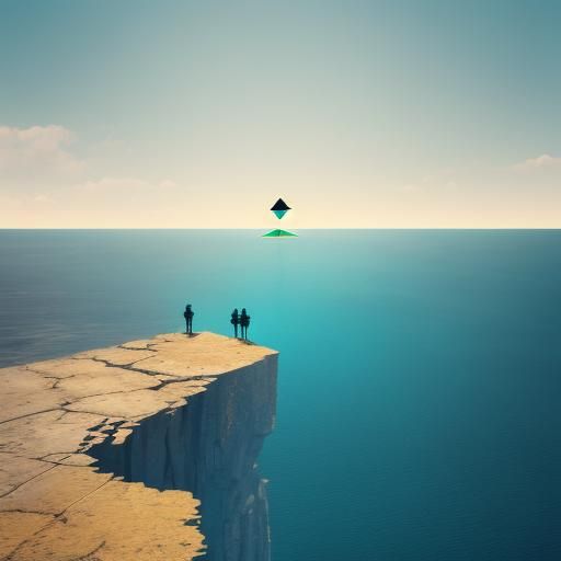 Geometric Bauhaus Ocean Cliff with Tiny Figures